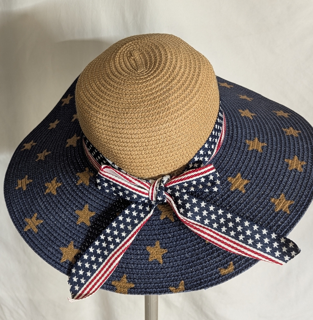 Stars And Stripes Floppy Wide Brim Hat Red White Blue Ribbon Adj Int Headband - Picture 2 of 7
